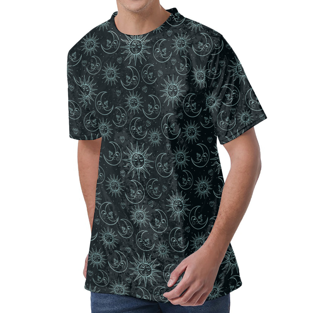 Blue Sun And Moon Pattern Print Men's Velvet T-Shirt