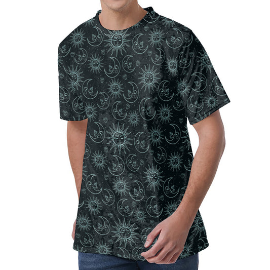 Blue Sun And Moon Pattern Print Men's Velvet T-Shirt