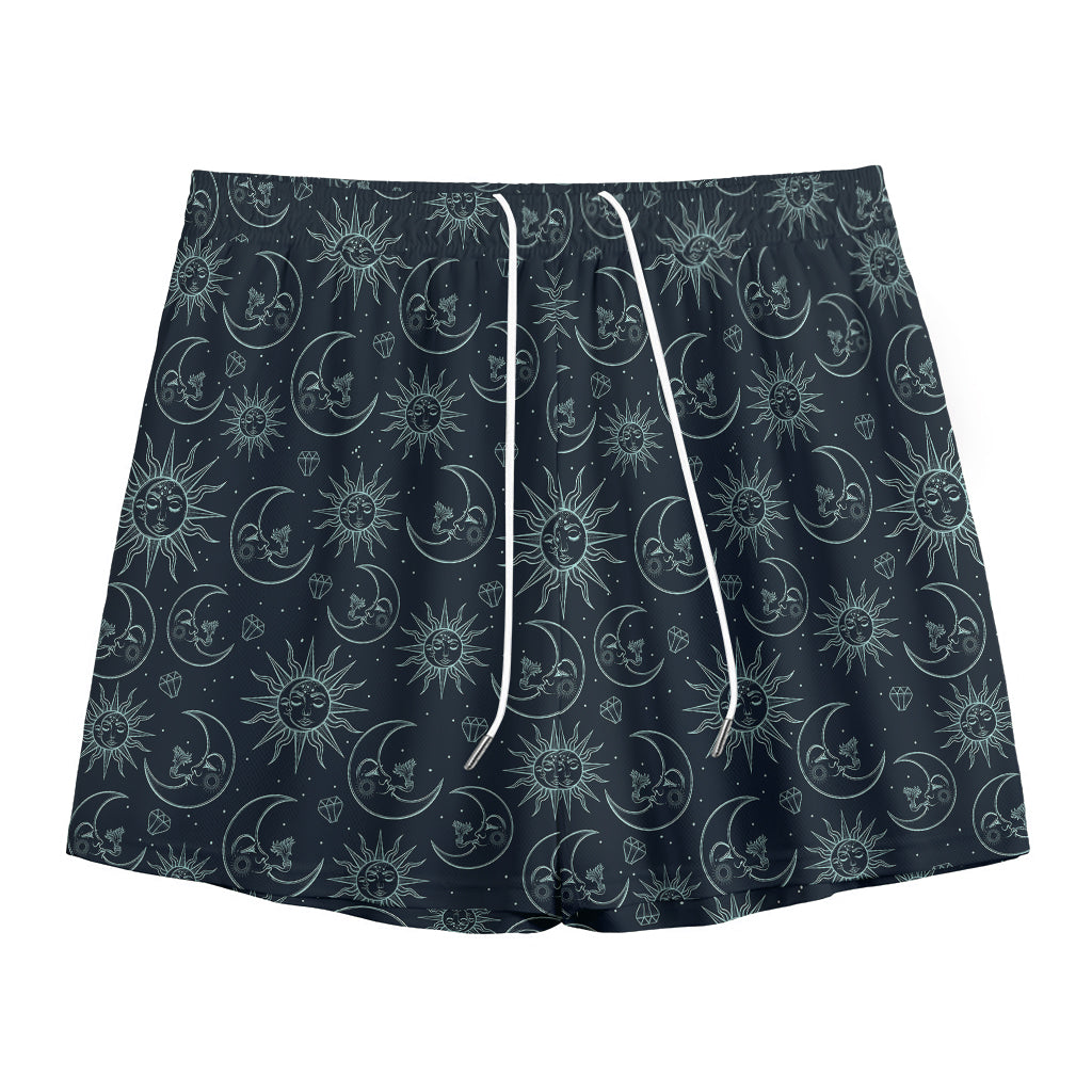 Blue Sun And Moon Pattern Print Mesh Shorts