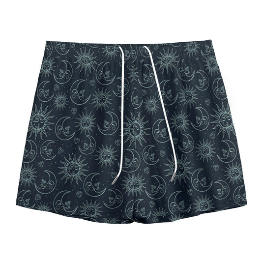 Blue Sun And Moon Pattern Print Mesh Shorts