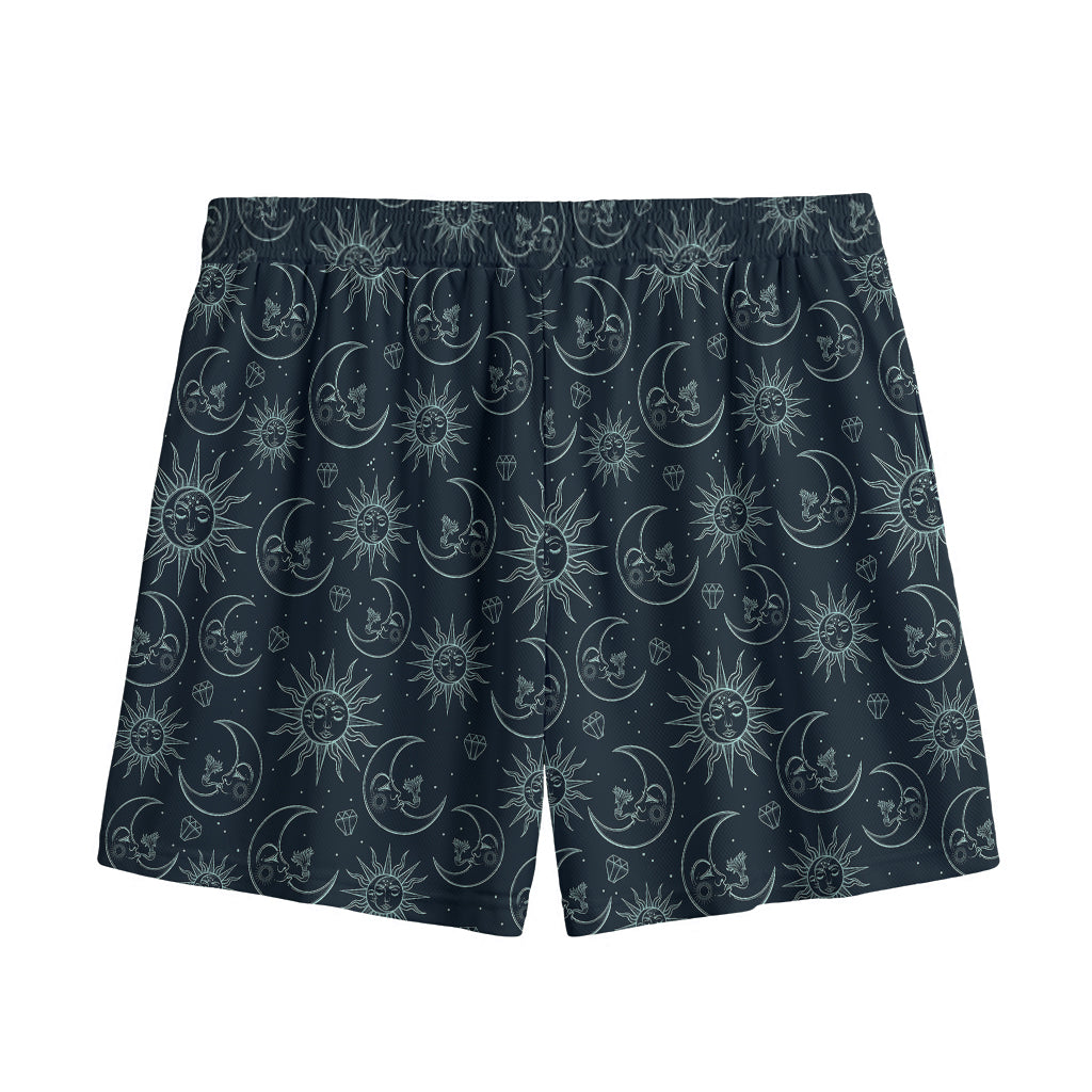 Blue Sun And Moon Pattern Print Mesh Shorts