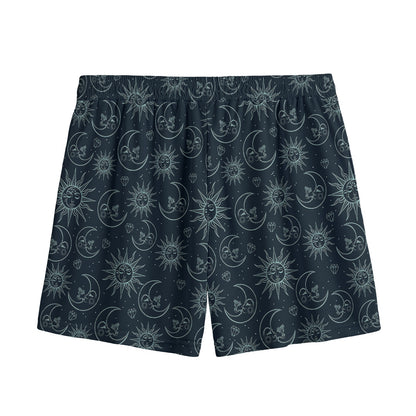 Blue Sun And Moon Pattern Print Mesh Shorts