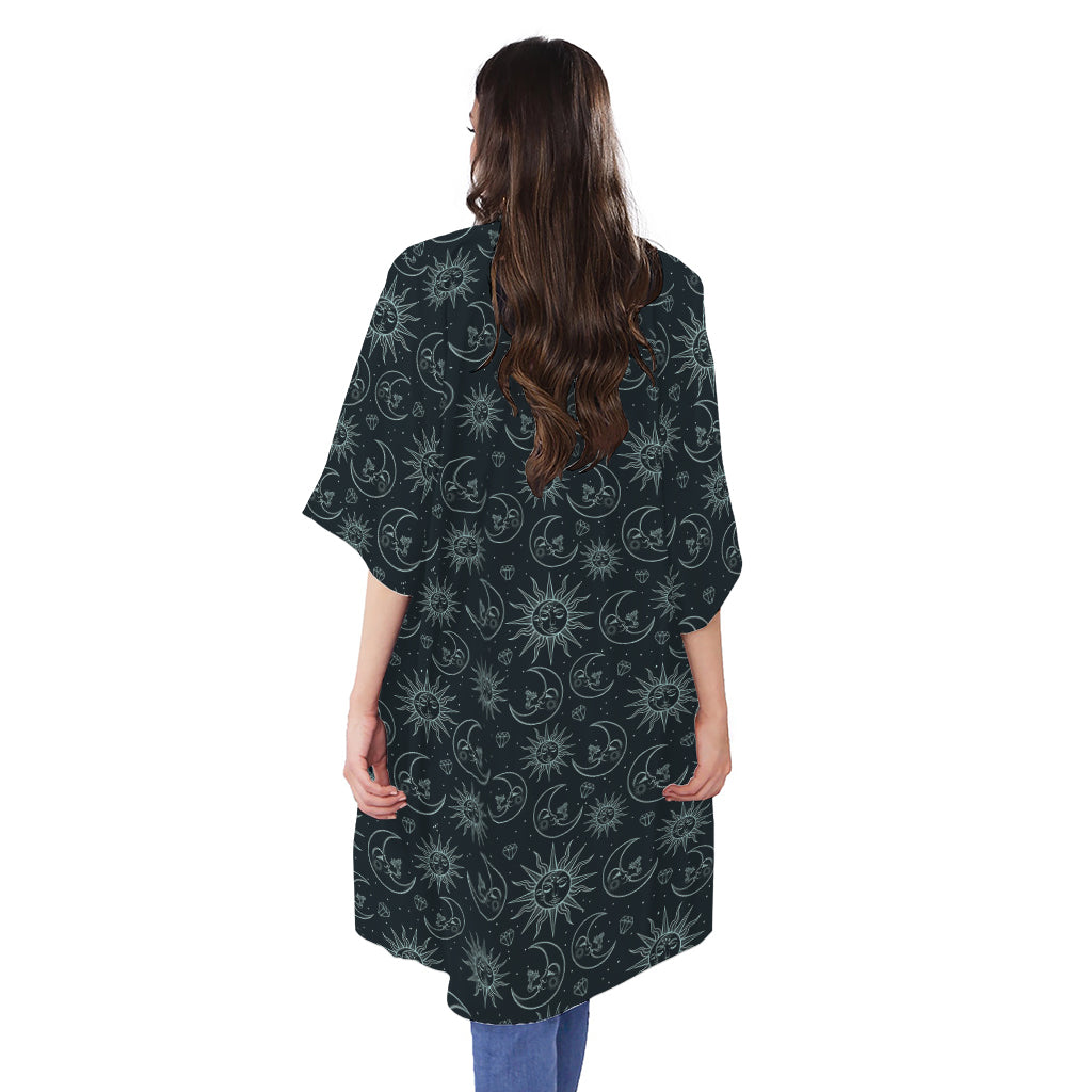 Blue Sun And Moon Pattern Print Open Front Beach Cover Up
