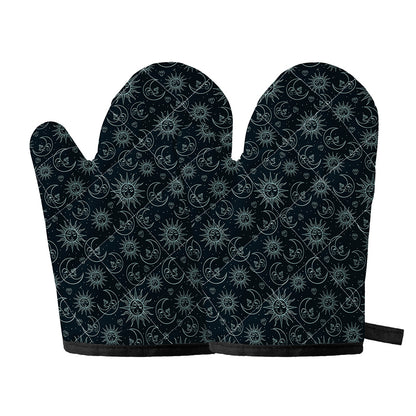 Blue Sun And Moon Pattern Print Oven Mitts