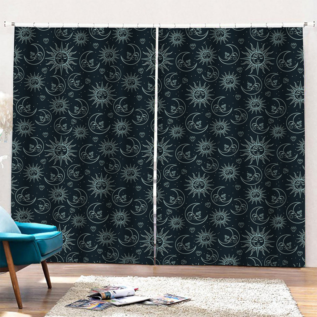 Blue Sun And Moon Pattern Print Pencil Pleat Curtains