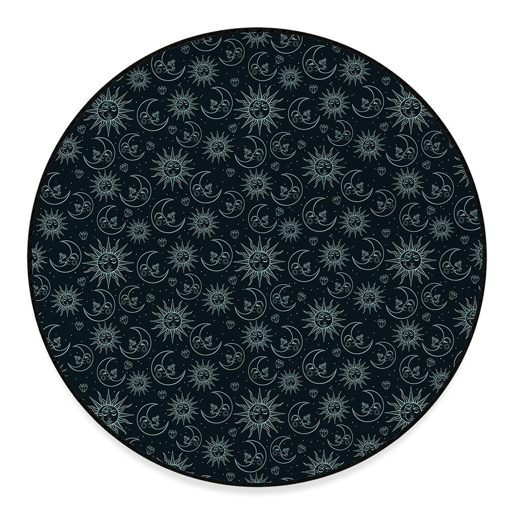 Blue Sun And Moon Pattern Print Round Floor Mat