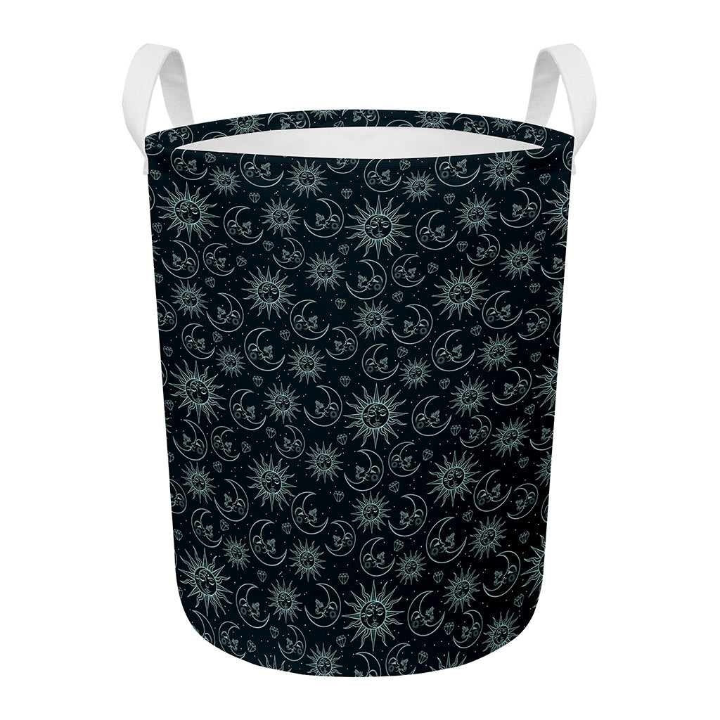 Blue Sun And Moon Pattern Print Round Laundry Basket
