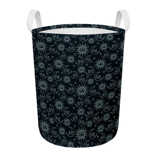 Blue Sun And Moon Pattern Print Round Laundry Basket
