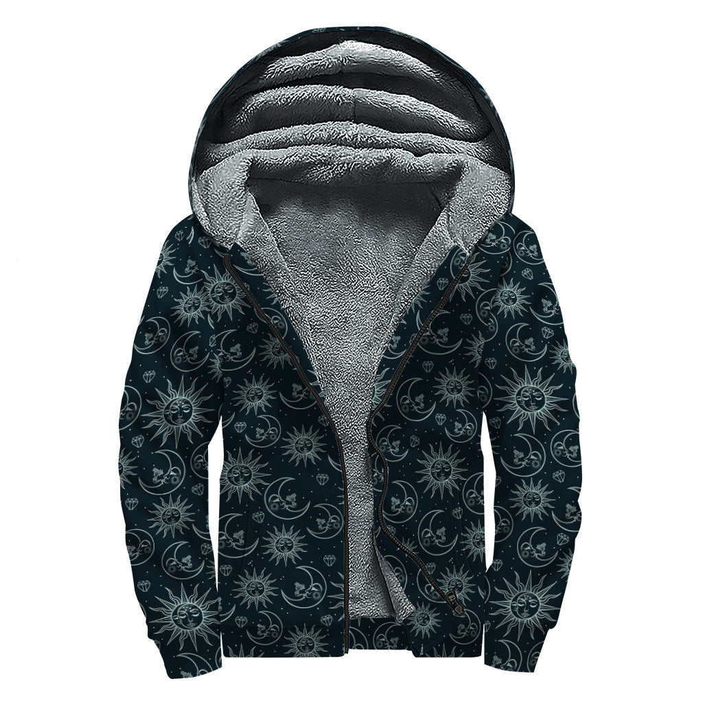 Blue Sun And Moon Pattern Print Sherpa Lined Zip Up Hoodie