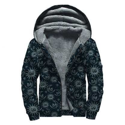 Blue Sun And Moon Pattern Print Sherpa Lined Zip Up Hoodie