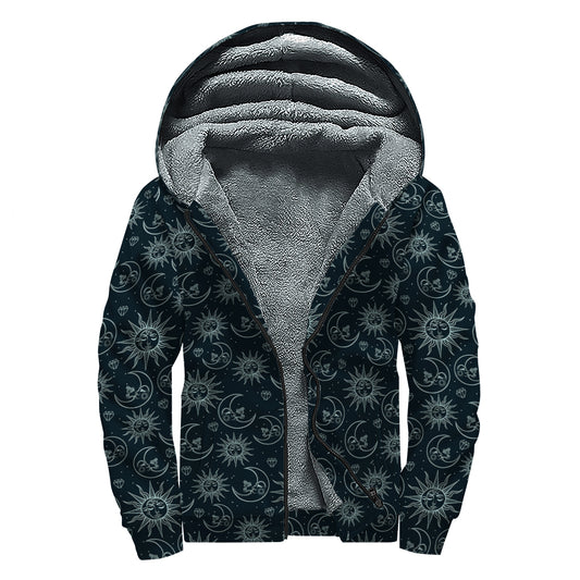 Blue Sun And Moon Pattern Print Sherpa Lined Zip Up Hoodie