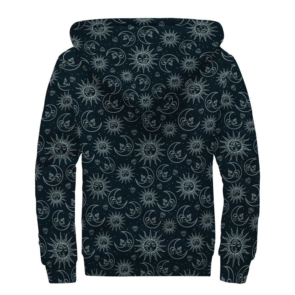 Blue Sun And Moon Pattern Print Sherpa Lined Zip Up Hoodie
