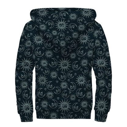 Blue Sun And Moon Pattern Print Sherpa Lined Zip Up Hoodie