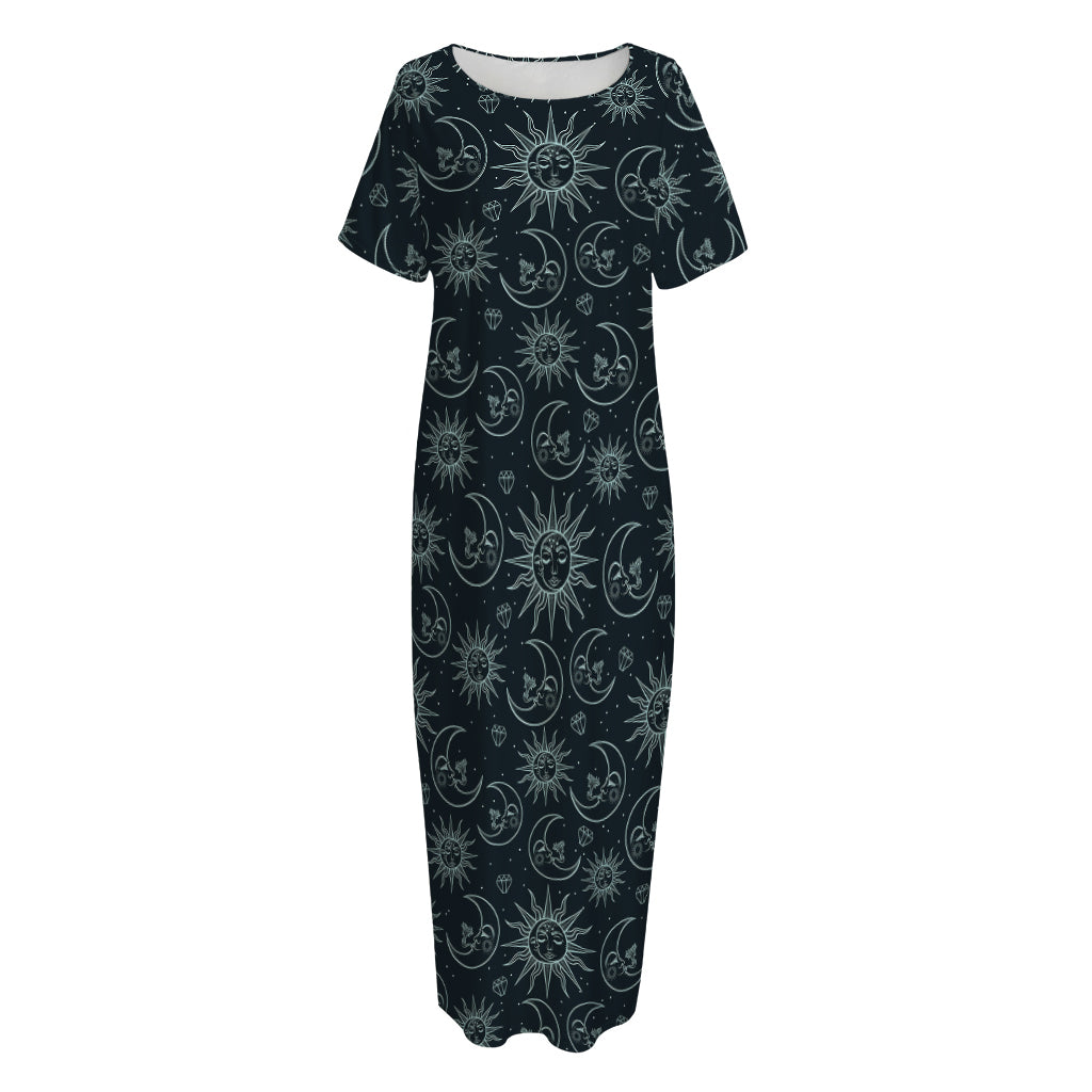 Blue Sun And Moon Pattern Print Short Sleeve Long Nightdress