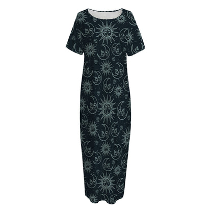 Blue Sun And Moon Pattern Print Short Sleeve Long Nightdress