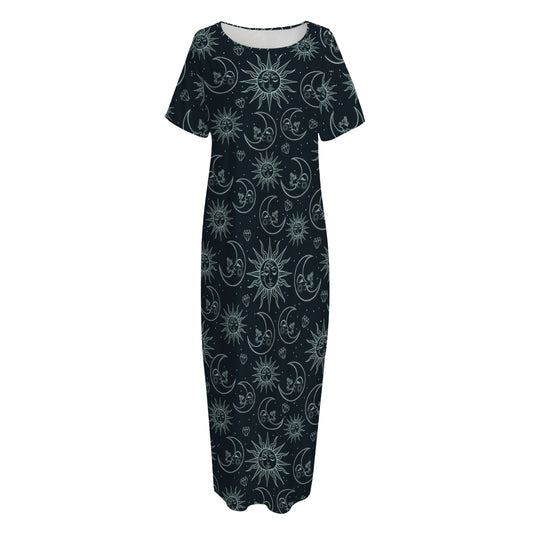Blue Sun And Moon Pattern Print Short Sleeve Long Nightdress