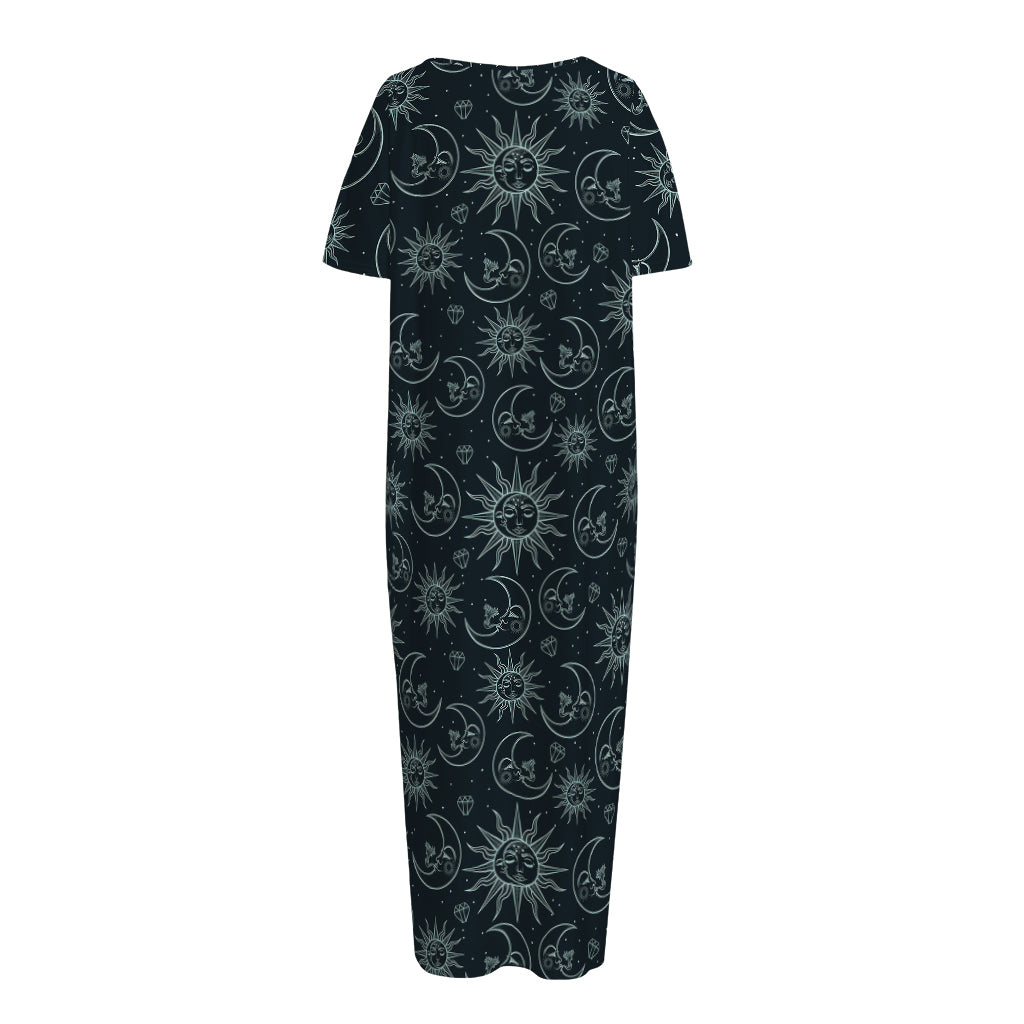 Blue Sun And Moon Pattern Print Short Sleeve Long Nightdress