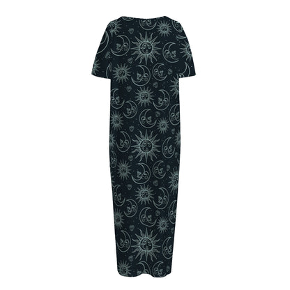 Blue Sun And Moon Pattern Print Short Sleeve Long Nightdress