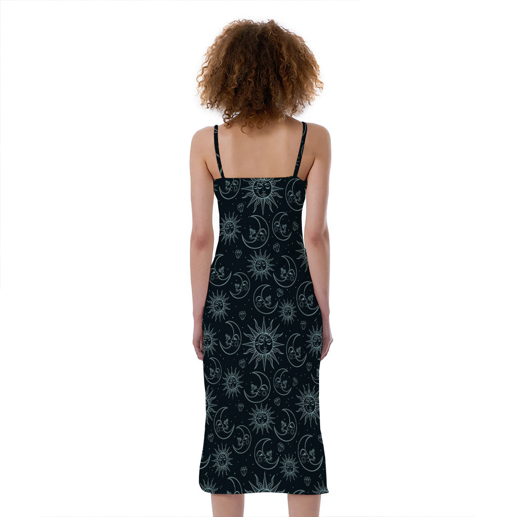 Blue Sun And Moon Pattern Print Slim Fit Midi Cami Dress