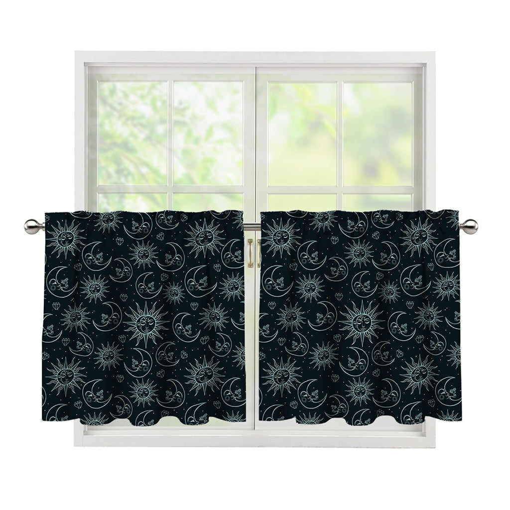 Blue Sun And Moon Pattern Print Tier Curtains