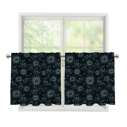 Blue Sun And Moon Pattern Print Tier Curtains