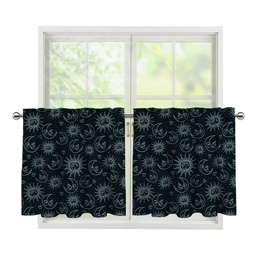 Blue Sun And Moon Pattern Print Tier Curtains