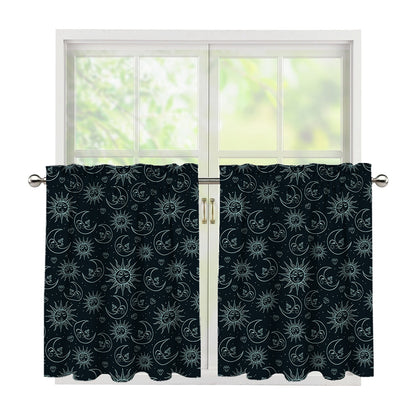 Blue Sun And Moon Pattern Print Tier Curtains