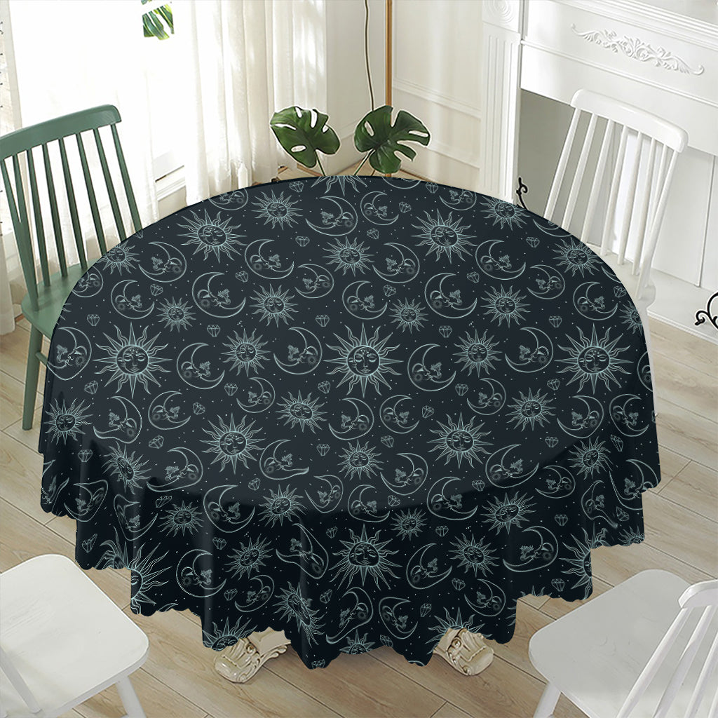 Blue Sun And Moon Pattern Print Waterproof Round Tablecloth