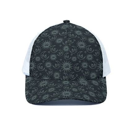 Blue Sun And Moon Pattern Print White Mesh Trucker Cap