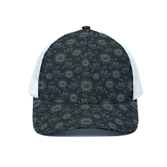 Blue Sun And Moon Pattern Print White Mesh Trucker Cap