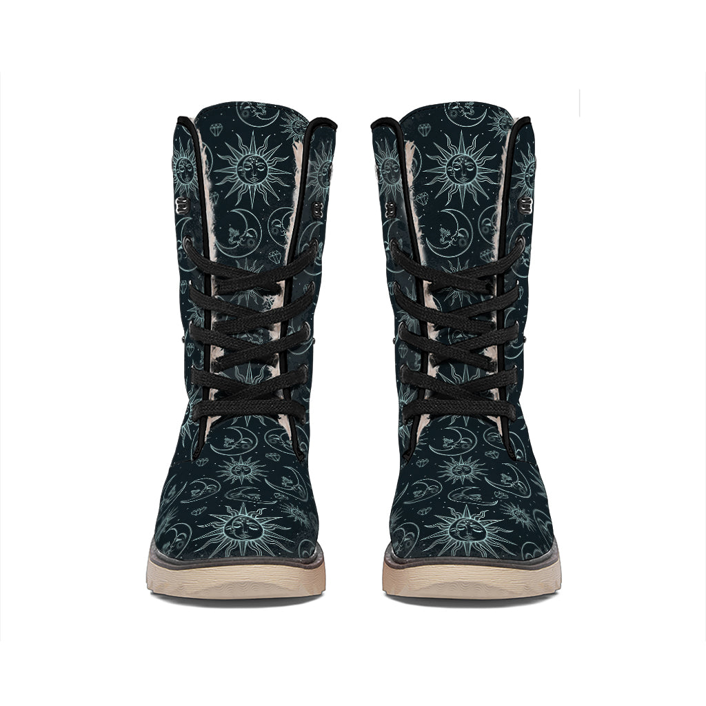 Blue Sun And Moon Pattern Print Winter Boots