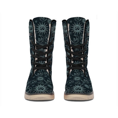 Blue Sun And Moon Pattern Print Winter Boots