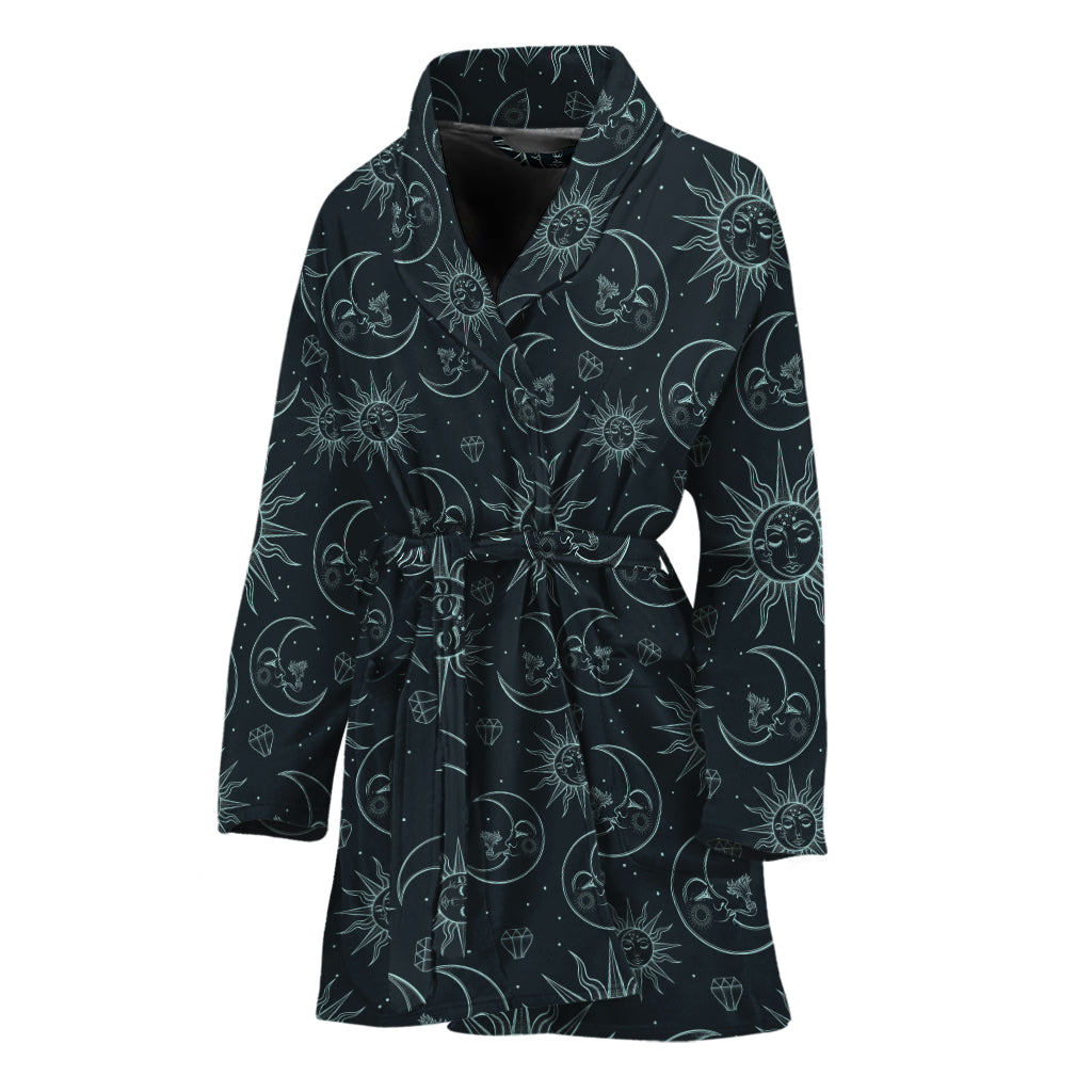 Blue Sun And Moon Pattern Print Women's Bathrobe