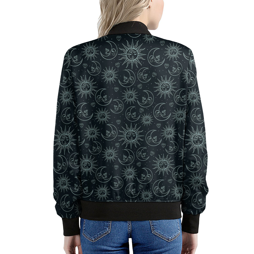 Blue Sun And Moon Pattern Print Women's Bomber Jacket