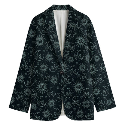 Blue Sun And Moon Pattern Print Women's Cotton Blazer