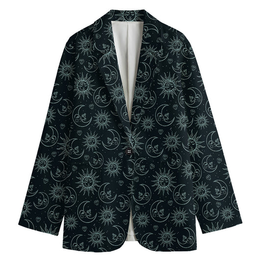 Blue Sun And Moon Pattern Print Women's Cotton Blazer