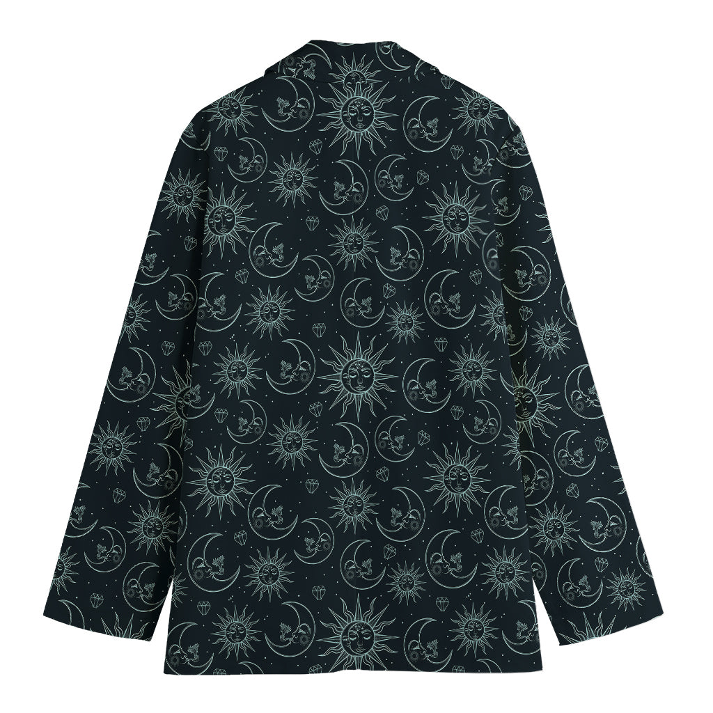 Blue Sun And Moon Pattern Print Women's Cotton Blazer