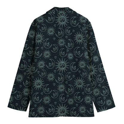 Blue Sun And Moon Pattern Print Women's Cotton Blazer