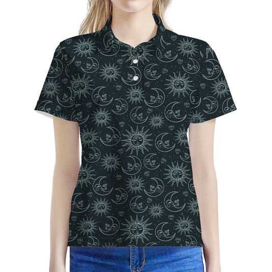 Blue Sun And Moon Pattern Print Women's Polo Shirt