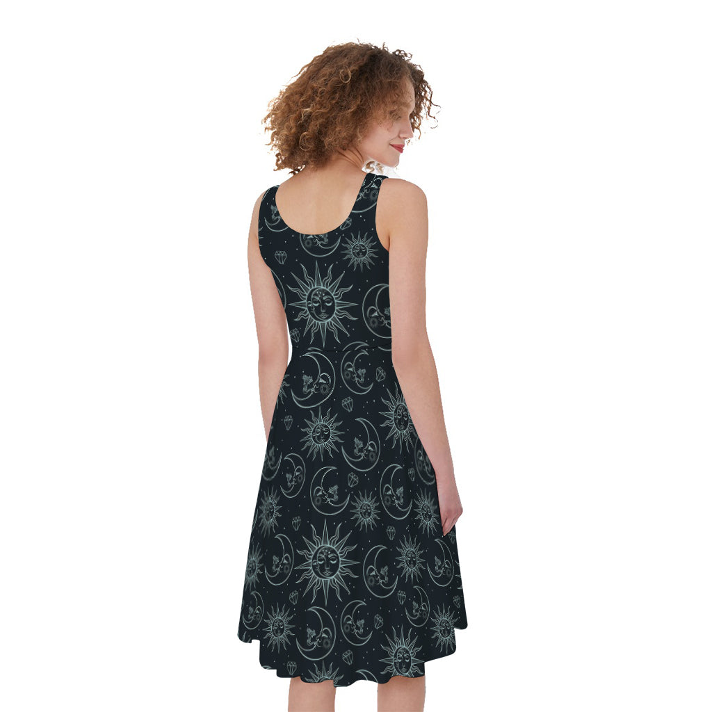 Blue Sun And Moon Pattern Print Women's Sleeveless Dress