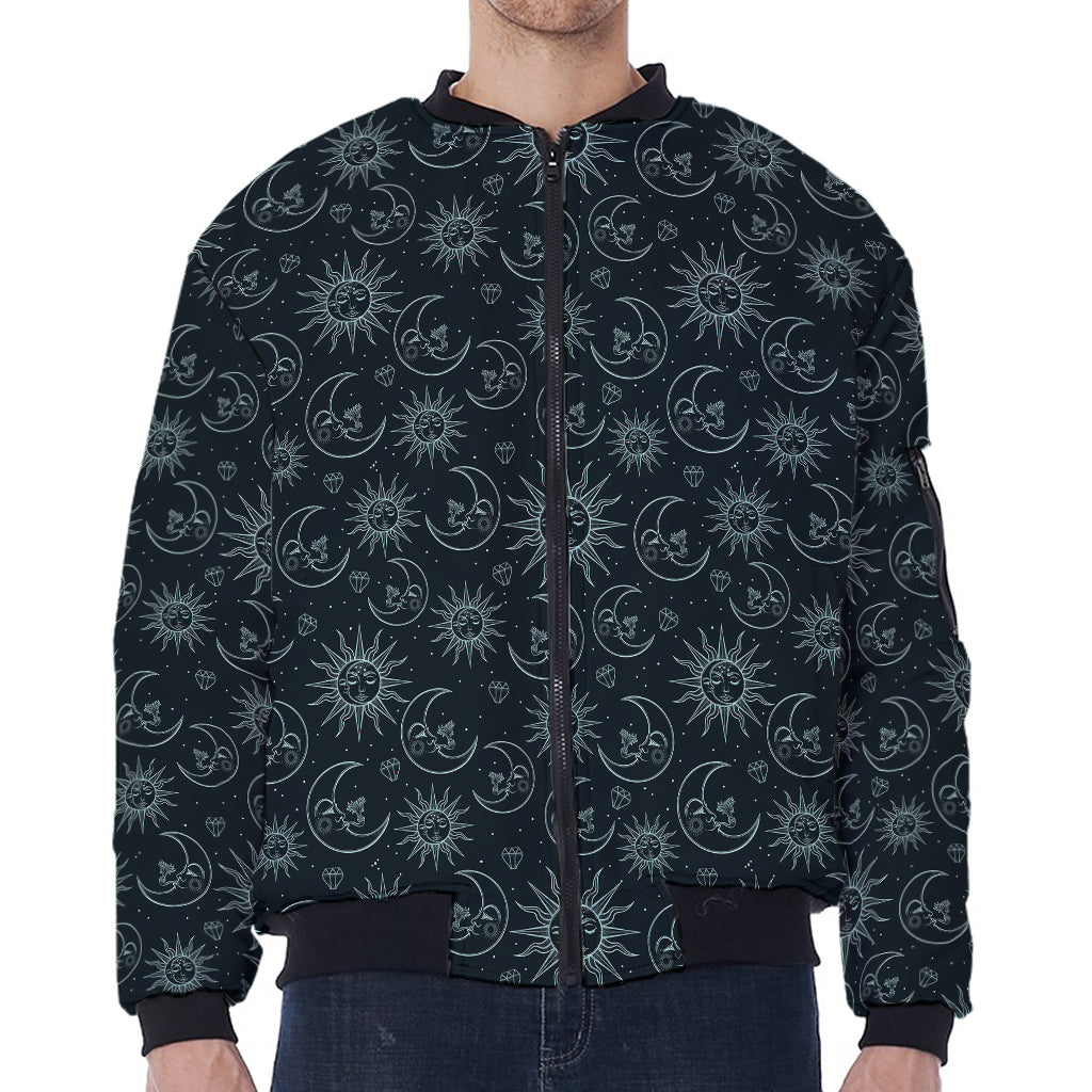 Blue Sun And Moon Pattern Print Zip Sleeve Bomber Jacket
