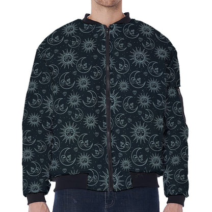 Blue Sun And Moon Pattern Print Zip Sleeve Bomber Jacket