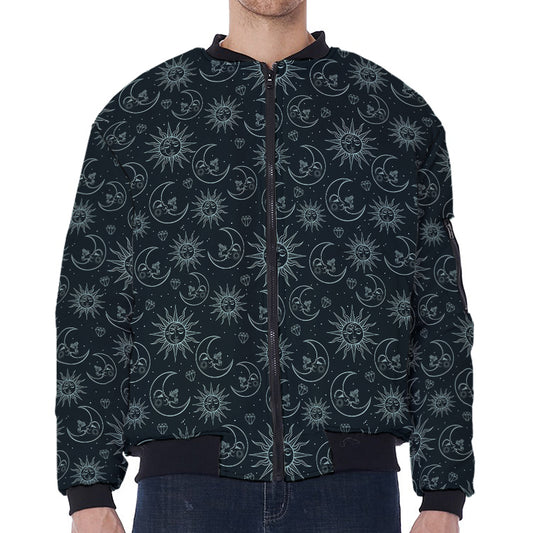 Blue Sun And Moon Pattern Print Zip Sleeve Bomber Jacket