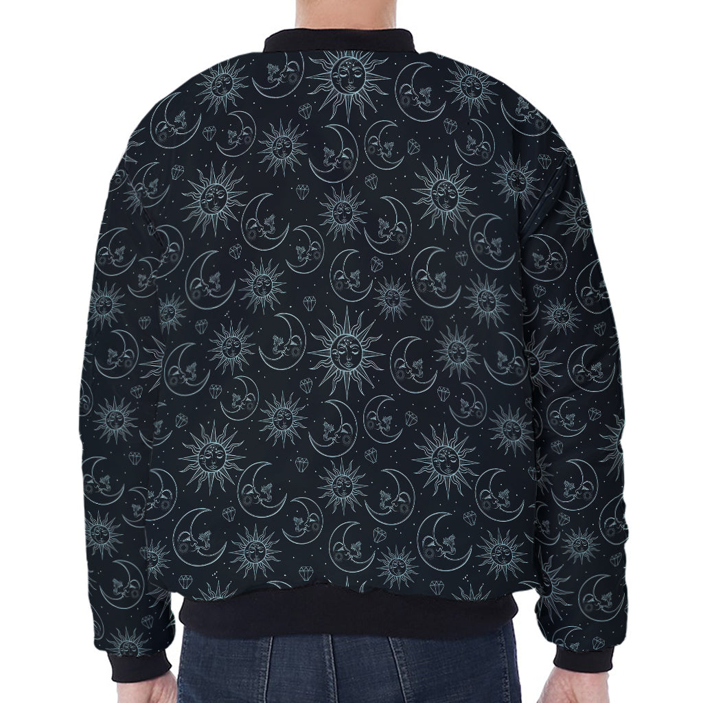Blue Sun And Moon Pattern Print Zip Sleeve Bomber Jacket
