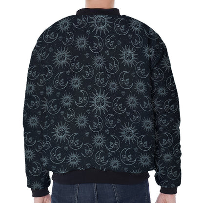 Blue Sun And Moon Pattern Print Zip Sleeve Bomber Jacket