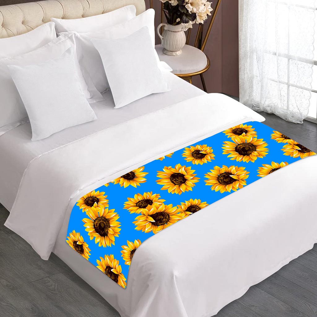 Blue Sunflower Pattern Print Bed Runner