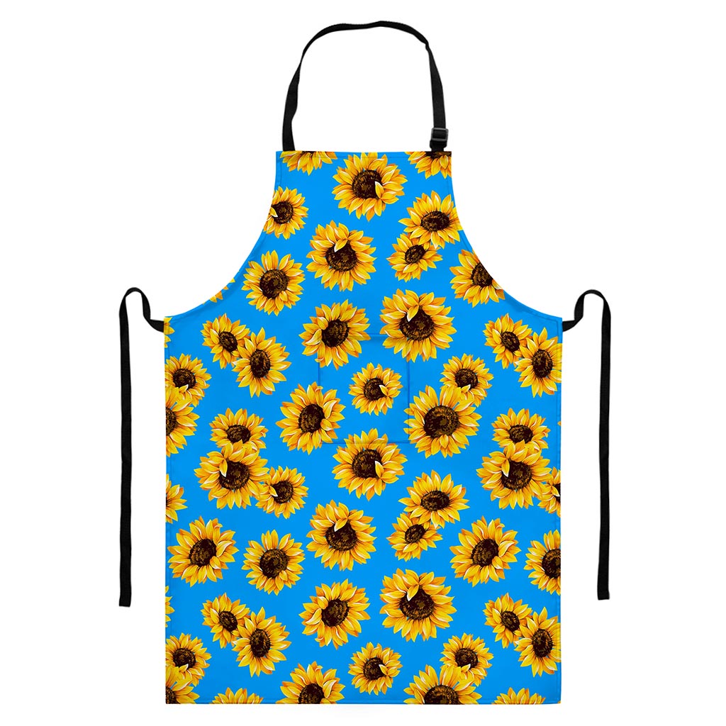 Blue Sunflower Pattern Print Bib Apron With Pocket