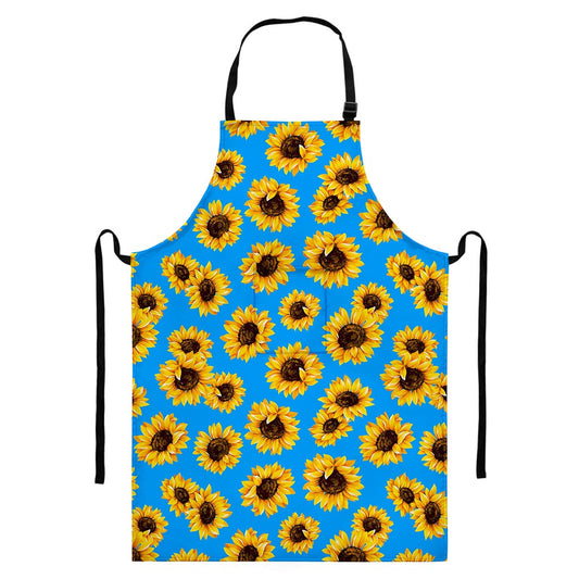 Blue Sunflower Pattern Print Bib Apron With Pocket