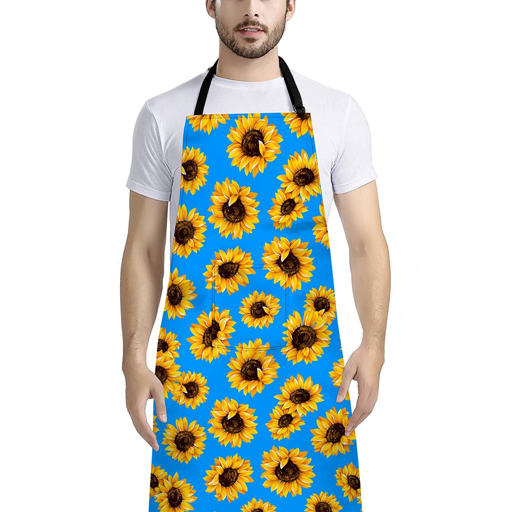 Blue Sunflower Pattern Print Bib Apron With Pocket