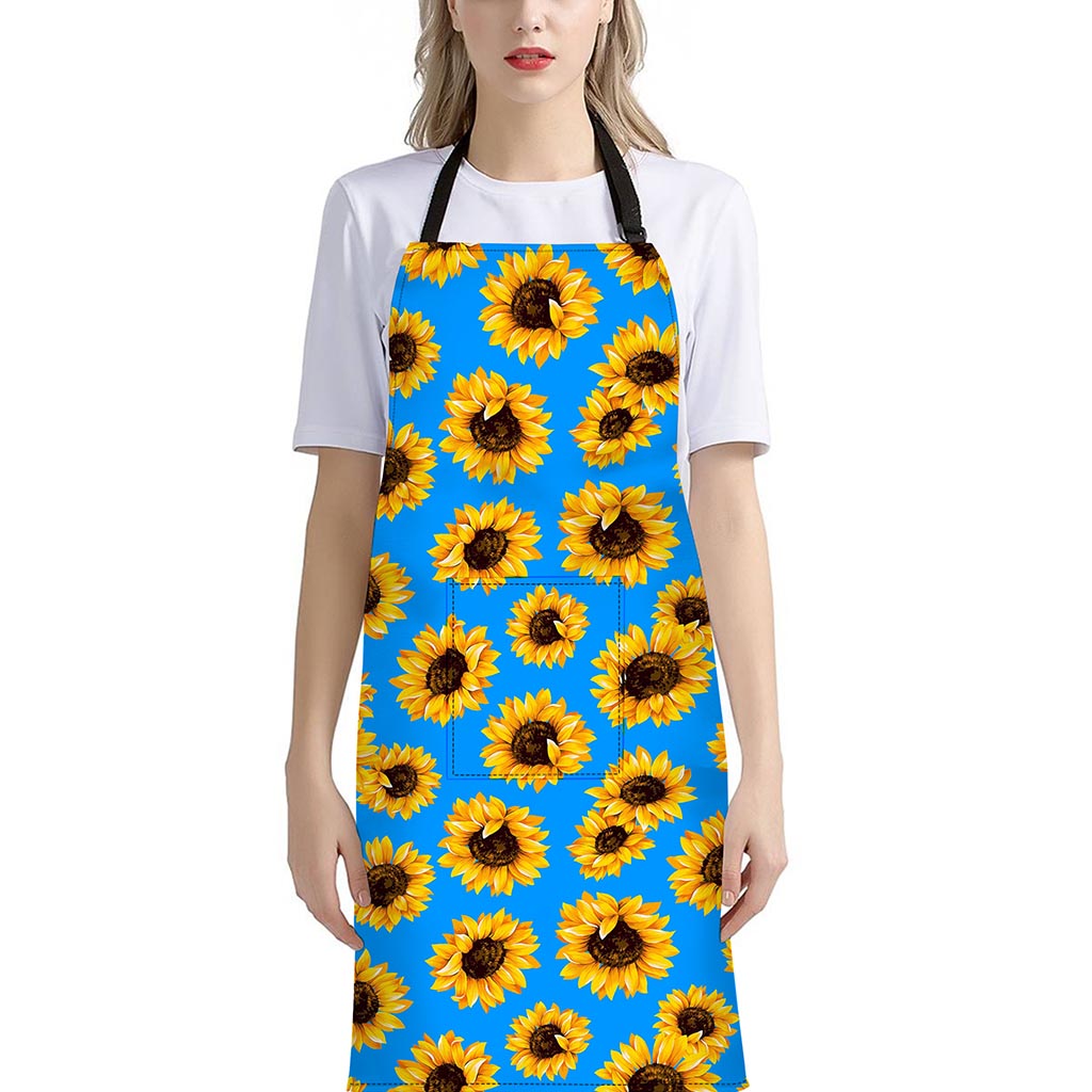 Blue Sunflower Pattern Print Bib Apron With Pocket